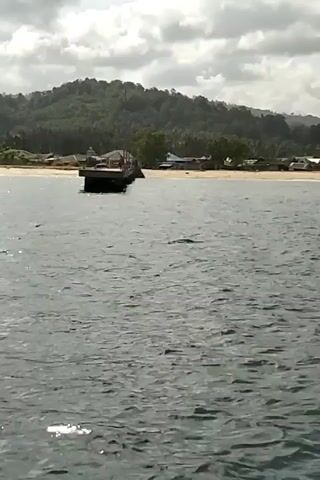 A watercraft, possibly a barge, is anchored or beached near a sandy shore. Behind the shore, a lush green, forested hill rises under a cloudy sky. Several structures, appearing to be small buildings or homes, are visible along the coastline. The water in the foreground is choppy, reflecting sunlight. The scene appears to be a coastal village or settlement.