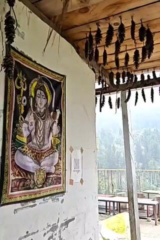 The video captures a panoramic view from an outdoor seating area in Pulga, India, overlooking a mountainous landscape. The scene opens with a close-up of a white wall on the left, adorned with a framed picture of Lord Shiva. Below the picture, smaller papers are taped to the wall.

The camera then pans to the right, revealing a rustic wooden ceiling from which numerous dried pine cones or similar natural elements are suspended as decorations. A wooden pillar supports the roof on the right. Below, a metal railing, painted yellow and orange/red, frames the view.

The seating area features several wooden tables, some with benches and others with stools crafted from tree stumps. A small pink flag or piece of cloth is visible near one of the tables. In the mid-ground, a partial yellow sign reads "CAFE," suggesting the location is a cafe or restaurant.

The background showcases rolling green mountains covered in dense forest, with scattered buildings and houses nestled in the valley below. The distant peaks are shrouded in clouds or mist, adding to the serene, natural ambiance. The weather appears overcast, typical of a mountain setting. No people are visible in the video.