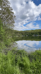 Three people fish at serene lake near Pleven, Bulgaria