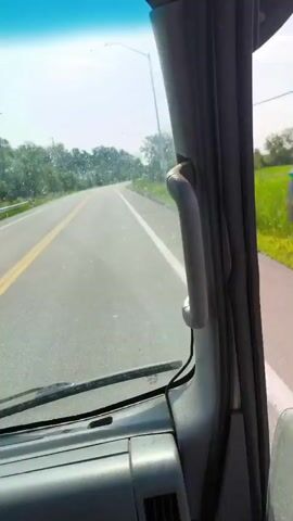 The video shows a view from a vehicle, looking out the side window and in the side mirror. The landscape consists of a bright green field, likely crops, under a clear blue sky. There are also trees and utility poles visible along the side of the road. In the side mirror, a person's hand is visible, and the reflection shows the interior of the vehicle. The camera pans slightly, showing more of the rural scenery. The overall impression is that of a daytime drive through the countryside.