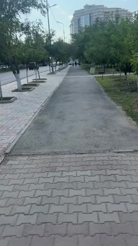 The video shows a paved walkway alongside a tree-lined street. The walkway is made of gray asphalt and is bordered on one side by a sidewalk with decorative paving stones. On the other side, there are trees planted in squares and then a grassy area. Beyond the trees and grass, there is a multi-story building and a street with cars. Two people are walking in the distance on the walkway. The lighting suggests it is daytime, possibly late afternoon.