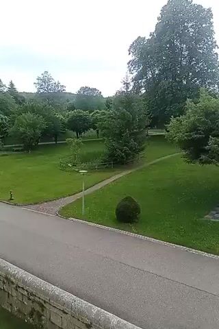 The video shows a park with a road in the foreground. There is a stone wall on the left side of the road. The park is covered in green grass and trees. There is a small pond in the middle of the park, surrounded by a wooden fence. There are also a few lampposts and a fire hydrant visible in the park. The sky is cloudy. The video is shot from a high angle, looking down on the park.