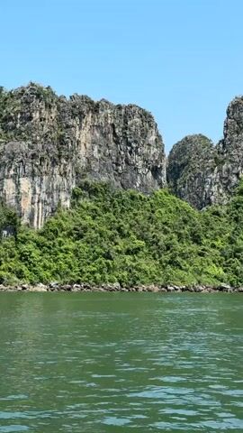 The video captures a scenic view of a bay, likely in Tuan Chau Ward, Vietnam, known for its karst landscape. The camera, presumably from a moving boat, pans from left to right, revealing numerous limestone islands rising dramatically from the green-hued water. These islands are steep and rocky, with lush green vegetation covering their lower slopes and crevices. The sky above is clear and blue, indicating a bright, sunny day. In the latter part of the video, a large white passenger boat or cruise ship can be seen in the distance, navigating between two islands. The water appears calm with gentle ripples. No people or visible text are discernible.