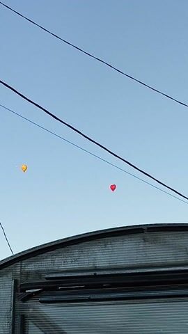 The video shows a clear sky with two heart-shaped balloons floating upwards. One balloon is red, and the other is yellow. They are positioned against a backdrop of dark wires and a portion of a metallic structure, possibly a building or a utility pole, on the right side of the frame. The bright sky suggests it is daytime, likely late afternoon or early evening due to the soft lighting. The scene appears to be an outdoor setting in a town or rural area, with the wires indicating the presence of electricity or telecommunications infrastructure. The balloons, likely released as part of a celebration or event, are the primary focus of the video. The overall mood is serene and perhaps a bit wistful, with the balloons ascending into the vast sky. There is no visible text in the video.