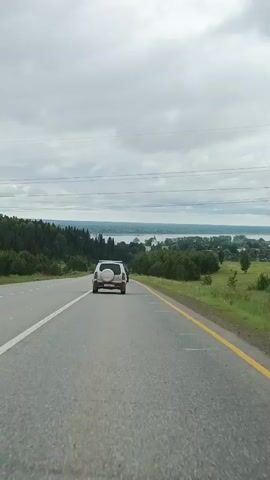 The video, shot from inside a moving vehicle, captures a scenic drive on a two-lane road under a cloudy sky. A white SUV is visible in front, moving in the same direction. Beyond the road, a dense forest on the left and a lush green field on the right frame the distant view of a large body of water. A white building with a green dome stands out near the water. The white SUV has a spare tire mounted on its rear door, and another car is visible behind it. The road ahead extends straight, marked with a solid yellow line on the right shoulder and a dashed white line in the center. The initial close-up of the white SUV transitions to a wider shot, revealing the road from the perspective of the dashboard. The overall scene suggests a tranquil countryside journey.