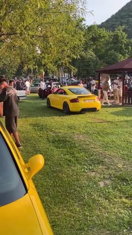 The video captures an outdoor car show event in Târgu Ocna, Romania. The scene is bathed in the warm, golden light of late afternoon or early evening, suggesting pleasant weather. Lush green grass covers the ground, and mature trees with full canopies provide dappled shade, indicating a summery atmosphere.

The central focus is a vibrant yellow Audi TT parked on the grass. Its sporty design and bright color make it stand out. The car's rear license plate is visible, displaying the text "BC 36CMD". There are other cars present in the background, including a red one, suggesting a gathering of car enthusiasts.

A crowd of people is milling around the vehicles, engaging in conversation and admiring the cars. The individuals appear relaxed and happy, enjoying the social aspect of the event. Some are dressed casually, fitting the outdoor setting. There's a small covered structure, possibly a pavilion or stall, in the background, with people gathered around it.

The overall mood is festive and laid-back, typical of a community car show or gathering. The natural beauty of the surroundings, with trees and a hillside visible in the distance, adds to the idyllic setting. The event seems to be a relaxed occasion for car owners and fans to connect and share their passion.