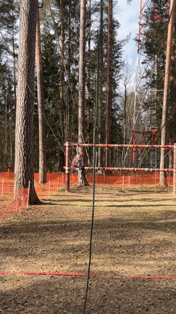 Person tackles ropes course in Russian woodland