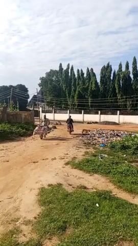 The video shows a rural or semi-rural environment with a dirt road. In the foreground, there is green grass on either side of the road. In the middle ground, a person is pushing a wheelbarrow filled with what appears to be goods. Further down the road, another person is riding a motorcycle. To the right of the motorcycle, there is a pile of garbage. In the background, there is a white fence with tall trees behind it, and a cloudy sky.