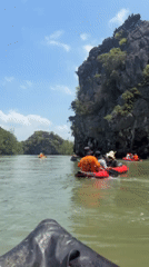 Kayakers explore limestone karsts and mangroves in Krasom Thailand