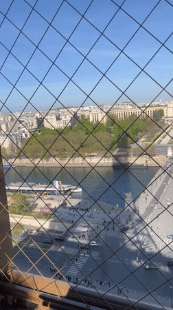 Tourist captures Paris cityscape from Eiffel Tower viewing area