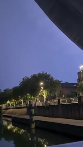 This is a vertical video taken at night. It shows a body of water, likely a canal or river, with reflections of lights on its surface. A paved walkway runs alongside the water, lined with trees that are illuminated by streetlights. In the background, there are buildings and more streetlights. The sky is dark and appears to have some faint lights or reflections within it. The overall impression is of a peaceful, urban night scene.
