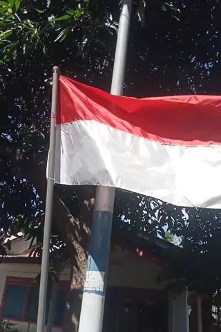 A flag with red and white horizontal stripes is displayed on a pole. The flag is partially unfurled and appears to be made of fabric. The background consists of green foliage and a building with a red roof. The lighting suggests it is daytime.