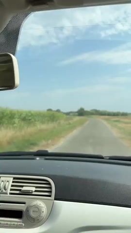 A first-person perspective video shows the view from inside a Fiat 500 car as it drives down a paved country road. The road curves to the left and is surrounded by fields of green crops, possibly corn or sunflowers, and dry grass. Trees are visible in the distance, and the sky is blue with scattered white clouds. The car's dashboard is visible in the foreground, with the steering wheel and a hand of the driver on it. The car appears to be moving at a moderate speed.