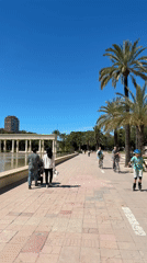 Couple strolls with stroller through sunny València park