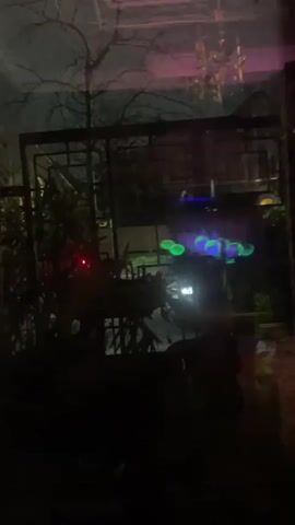 The video is a dark, grainy footage with reflections on a glass surface. It appears to be an interior scene with some plants and furniture. There are glowing green and blue lights visible in the background, possibly from some decorative objects. The overall atmosphere is dimly lit and somewhat mysterious.