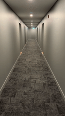 Dog runs down hallway in Laval building