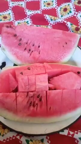 The video shows a close-up view of two slices of watermelon on a white plate. The watermelon is cut into bite-sized cubes in the bottom slice, while the top slice is a more traditional wedge. The watermelon is a vibrant pink color with visible black seeds. The plate is resting on a red and white checkered tablecloth with sunflower designs. The lighting appears to be natural, possibly from a window. There are no people visible in the video. The camera is held steady, providing a clear and focused view of the fruit.