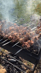 Shashlik grilling session captured in rural Russian village