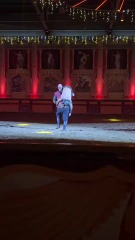 Two men, dressed in what appears to be theatrical or historical costumes, are engaged in a simulated wrestling or fight on a sandy arena floor. The man on the left, wearing a red chest plate and dark pants, is lifting and throwing the man on the right, who is partially bare-chested and wearing gold leggings. The second man is in mid-air, upside down, while the first man is standing and holding him. The background features a stage-like setting with red lighting and decorative panels depicting figures. The overall scene suggests a performance or reenactment.