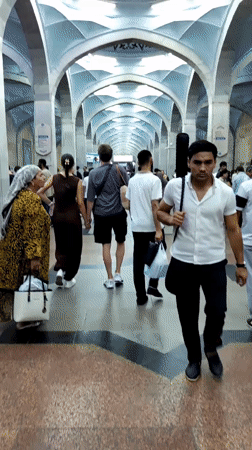 Rush hour inside Tashkent Metro's ornate Soviet-era stations