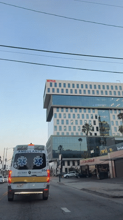 Ambulance stops near Netflix building in Los Angeles