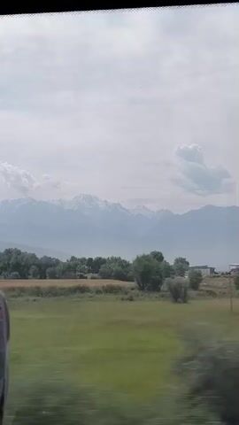 The video shows a view from inside a vehicle, looking out a window at a landscape. The landscape consists of rolling green fields, scattered trees, and a distant mountain range. The sky is cloudy. The motion of the vehicle creates a blur in the foreground, indicating movement. In the bottom right corner, a person's arm and shoulder are visible, leaning on the window. The person's hand is resting on a black bag. The view is slightly hazy, suggesting distance or atmospheric conditions.