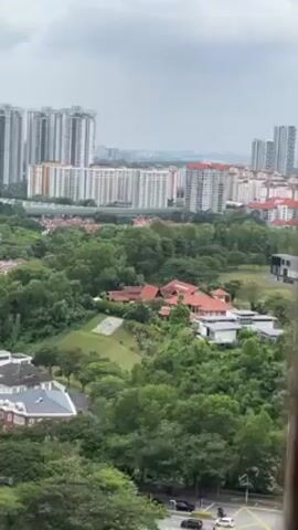 The video shows a cityscape with several high-rise buildings in the background, with lush green trees and residential houses in the foreground. Cars and motorcycles are visible driving on a road with crosswalks. The sky is overcast, suggesting a cloudy day. The video is taken from an elevated position, potentially a high-rise building or apartment.