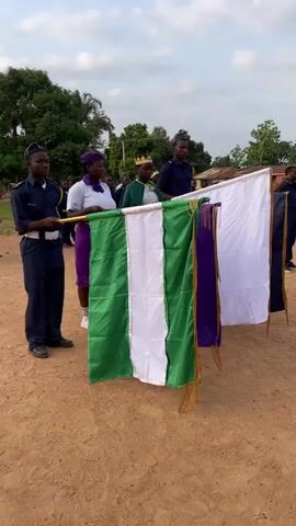Here’s a description of the video:

A group of people stand at attention outdoors, holding ceremonial flags. There are two men in what appears to be dark blue uniforms with peaked caps, flanking a woman in a white top and purple headscarf.  In the center is a person wearing a green cape and a golden crown. They stand on a dirt surface, in what appears to be a field or a courtyard. The flags they hold are striped with green, white, and purple.  In the background, more people are standing in formation. Trees, houses, and a partially cloudy sky are visible in the distance. There is the sound of a drumbeat.