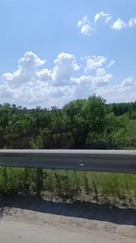 The video shows a view from a moving vehicle looking out over a grassy and wooded landscape under a bright blue sky with fluffy white clouds. A metal guardrail runs horizontally across the bottom half of the frame, separating the viewer from the scenery. The landscape appears to be a rural or natural area with a mix of trees and open fields. The camera angle suggests the vehicle is traveling alongside the landscape.