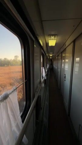 The video shows the interior of a train car, looking down a long, narrow hallway with compartments on the right side and a window on the left. The hallway is dimly lit by fluorescent lights on the ceiling. The window shows a landscape of dry grass and trees under a clear sky. White curtains hang from a rod outside the window. A metal railing runs along the wall below the window. The doors to the compartments are closed and appear to be made of a light-colored material. The overall impression is one of a moving train in a rural setting.