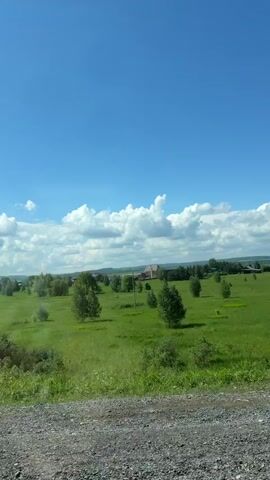 The video captures a wide, scenic view of a rural landscape under a bright blue sky with scattered fluffy white clouds. A vast green field dominates the midground, dotted with numerous individual trees, some appearing to be birch, and clusters of shrubs. In the distance, a few houses or buildings with reddish roofs are faintly visible, nestled among more trees. The foreground consists of a gravel road or path, and a thin white pole or marker is briefly visible sticking out of the ground near the road. The camera appears to be moving, possibly from a vehicle, offering a sweeping view of the sunny, open countryside. The scene depicts a serene daytime environment in Ir'yak, Russia.