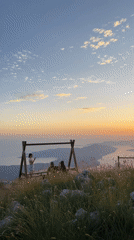 Three people gather at mountain swing set during Montenegro sunset