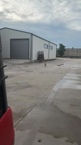 A white dog stands in a paved industrial yard in front of a white building with a large gray garage door and two windows. Next to the building, there are stacked pallets and a large industrial tank. The dog turns and walks away from the camera. The ground is wet in patches. The sky is overcast. A red object, possibly part of a forklift, is visible in the lower left corner of the frame.