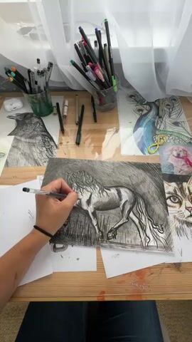 A person's hands are visible drawing a horse on a piece of paper with a pen. The drawing is in black and white with a lot of detail and shading. The person is sitting at a wooden desk with many other art supplies, including pens, pencils, and other drawings of a crow, a peacock, and a cat. The scene appears to be well-lit by natural light from a window covered by sheer curtains.