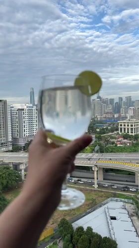 Glass raised to the Kuala Lumpur skyline, lime or wildflowers inside