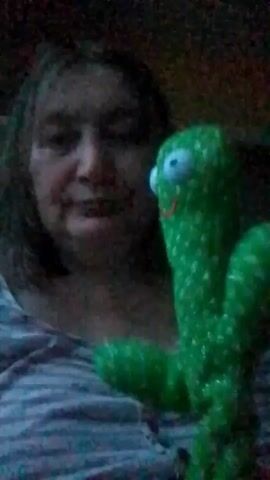 A woman with shoulder-length brown hair and a striped shirt is holding a green stuffed cactus toy. The cactus toy is lit up with various colors, including green, yellow, pink, and blue. The cactus is also moving. The woman appears to be looking at the cactus. The background is dark and appears to be indoors. The video is low resolution and grainy.