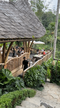 Tourist dining and sightseeing activity captured at Tegallalang rice terraces