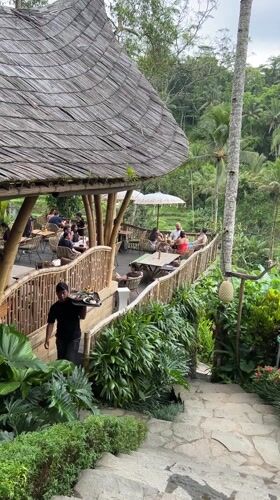 Tourist dining and sightseeing activity captured at Tegallalang rice terraces