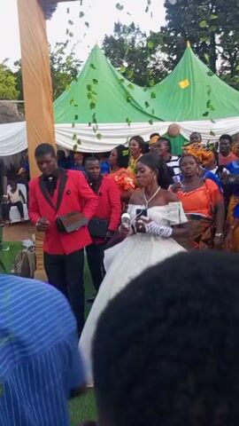 The video captures a wedding celebration. The bride, dressed in a white ball gown with off-shoulder sleeves and jewelry, stands amidst a crowd of people. Two men in matching red blazers and black pants stand beside her, one holding a small black bag. Guests are dressed in various outfits, some in traditional African attire. The event takes place outdoors, with a green lawn and several green tents in the background. One man is recording the event on a tripod, and others are filming with their phones. The atmosphere appears festive with music playing and some people dancing. There are decorations on poles supporting the tent.