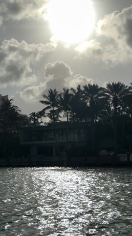 The video shows a waterfront view. The sun is obscured by clouds, but still shines brightly through, causing the water to sparkle. A modern house, partially hidden by palm trees, sits on the shore. The scene appears to be captured from a moving boat.