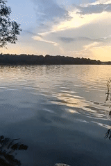 Calm lake at sunset, soft sky reflections and distant treeline