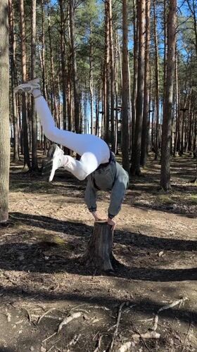 Person exercises and relaxes in Russian pine forest