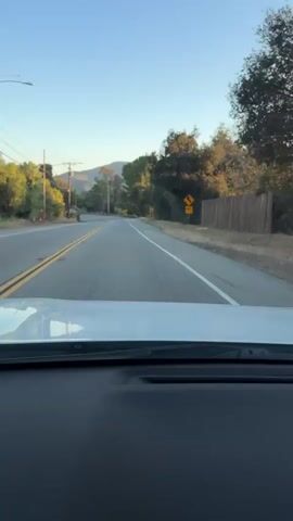 A first-person perspective video shows a car driving on a two-lane road with a yellow dividing line. The sky is clear and blue, and the sun is shining. Trees and foliage line the road, with some houses and utility poles visible in the distance. A yellow traffic sign is visible on the right side of the road. The dashboard of the car is visible in the foreground. The video appears to be taken during the daytime.
