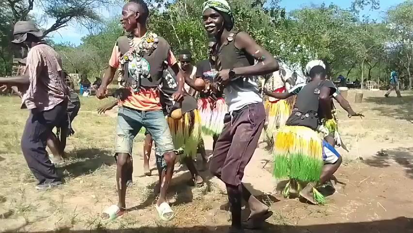 Okay, here's a detailed description of the video:

The video captures a group of people engaged in a lively dance performance outdoors. The scene is set in a grassy, somewhat sparse field with trees in the background under a clear, sunny sky.

The dancers, mostly young men, are dressed in a mix of traditional and modern clothing. Many have painted faces and wear various decorations like beaded necklaces, bracelets, and waistbands. Some are wearing "grass" skirts made of colorful materials. One person is shaking a small gourd rattle. There's someone in the background with a soccer jersey. A man in a hat and dressed in a button-down shirt dances on the left side of the scene.

The dance involves energetic movements, including steps, jumps, and arm gestures, all in sync with the music. The dancers appear to be having fun, smiling and interacting with each other. The overall atmosphere suggests a celebration or cultural event.