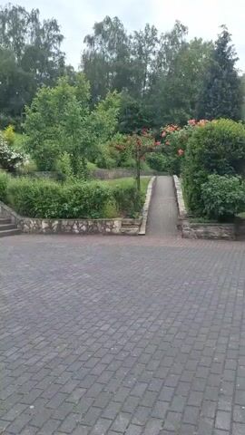 A daytime, wide, vertical, eye-level video shows a paved ground, stone stairs, green plants, and trees. The paved ground is made of red bricks in a herringbone pattern. The stone stairs are on the left and extend to the center and right. There are steps and seating areas on a gentle slope. On the top left of the slope, there is a playground structure with colorful metal sheets. Green bushes and small trees are planted along the slope and around the stairs. In the background, there is a dense growth of tall trees, creating a natural border to the area. The sky is overcast and bright.