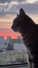 Tabby cat silhouetted against a Russian city sunset