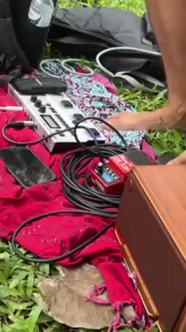A medium shot shows a musician sitting on a small, black chair in a park while playing a guitar. He is barefoot, wearing shorts and a floral shirt. In front of him, on a red blanket spread on the grass, are various pieces of equipment including a white guitar effects unit, a red pedal, a smartphone, and black cables. A wooden speaker sits to his right, and a black backpack is behind him. The park has a fair with tents and people in the background, under a clear sky with visible trees. The camera gradually zooms out to reveal more of the surrounding park.