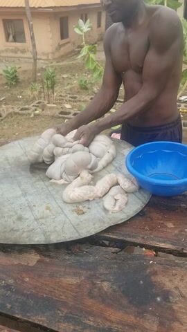 Certainly, let's analyze the video clip.

**Scene:** The video appears to be shot outdoors, likely in a yard or garden area, adjacent to a single-story building with a grey roof.

**People:** A shirtless, dark-skinned man is the focal point. He is handling a pile of what appears to be animal intestines. Another person may be recording the video.

**Objects:** Key objects include:
*   A round, light-grey, wooden cutting board.
*   A pile of animal intestines that have a fleshy and globular appearance.
*   A bright blue plastic bowl.
*   A wooden table.
*   A curved blade (possibly a machete or large knife).
*   Bowls.
*   A jerry can.

**Actions & Interactions:** The man is shown manipulating and handling the animal intestines on the cutting board. He appears to be in the process of cleaning or preparing them.

**Environment:** The surrounding environment is somewhat cluttered, including green vegetation.