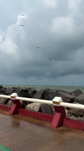 Ocean pier with striped barriers documented in Allende, Mexico