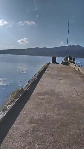 The video shows a concrete pier extending into a body of calm blue water under a bright blue sky with scattered white clouds. The pier has grass growing along its left edge. In the distance, a hazy line of mountains is visible. There are dark bollards and a thin vertical pole with a white top on the pier. The camera appears to be moving forward along the pier.